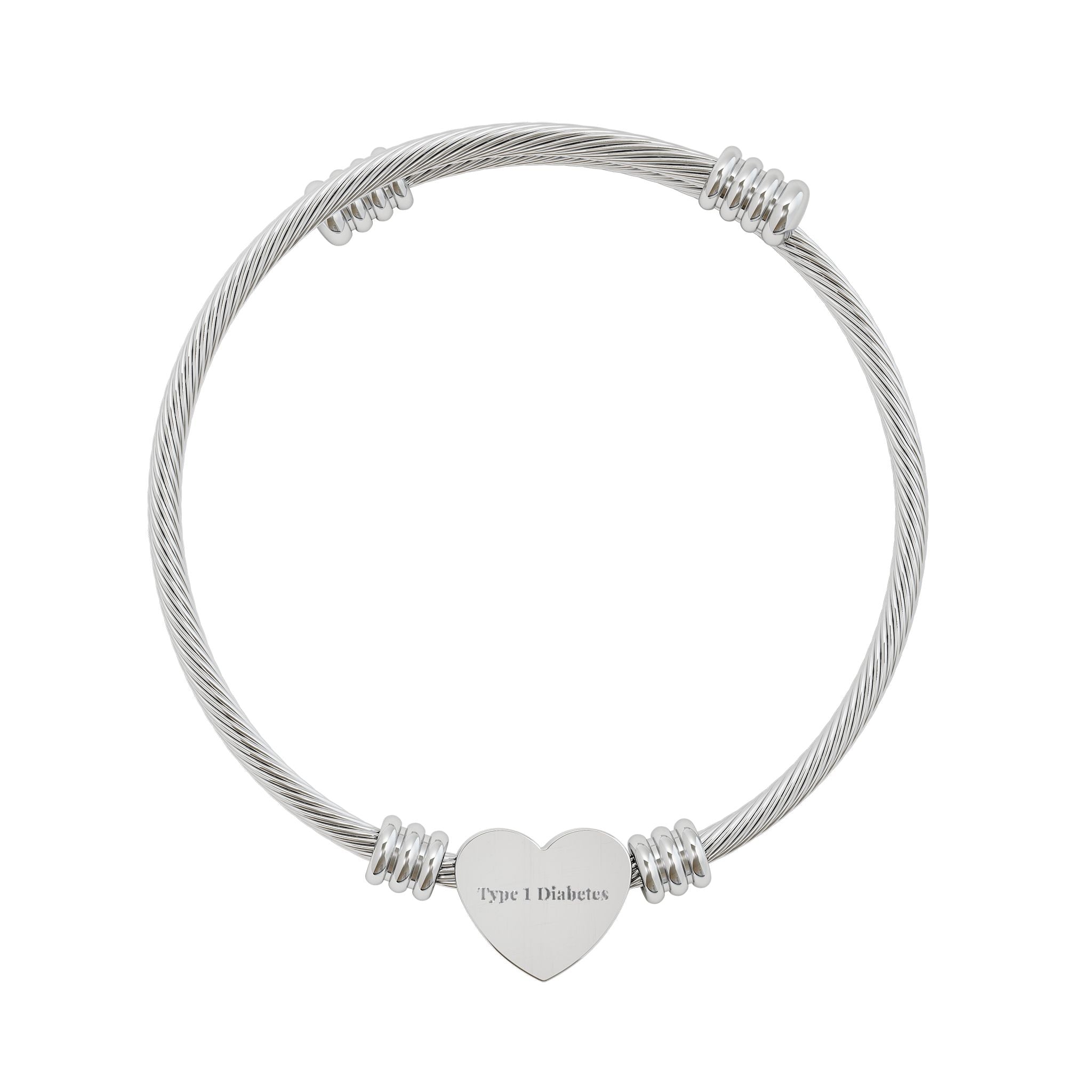 "Type 1 Diabetes" Medical ID Bracelet | Engravable Heart Cuff Bracelet — Personalized Cable Wire Bangle (Silver & Gold)